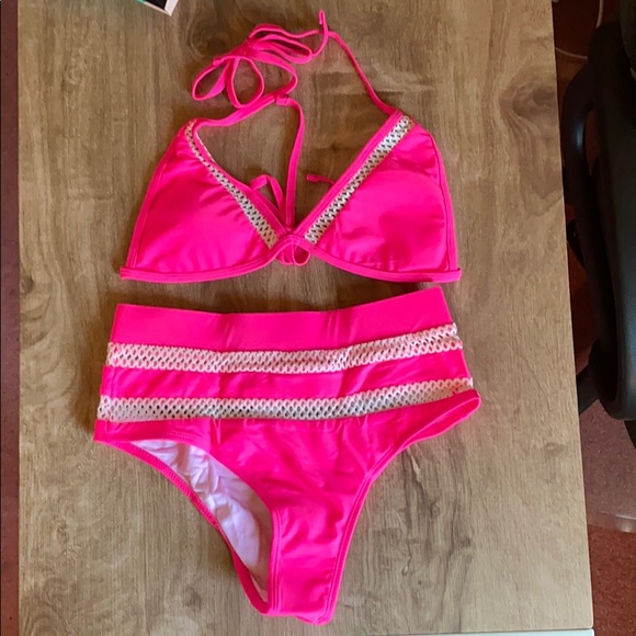 New! Pink & White High-Waist Triangle Bikini Set - Picture 3 of 6